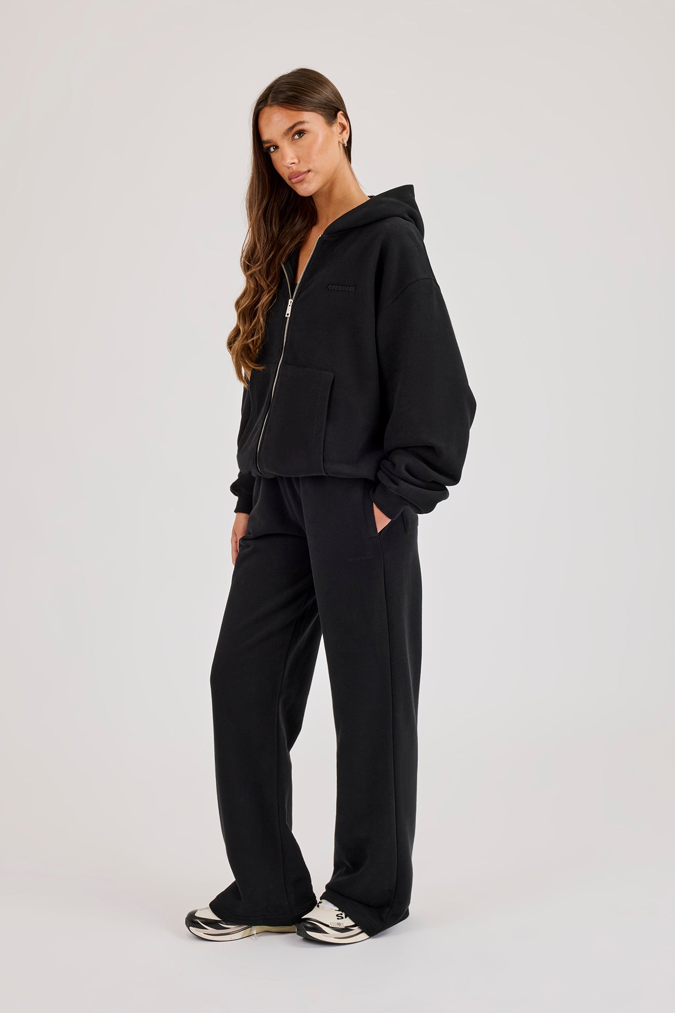 Oversized Zip Through Hoodie & Embroidered Wide Leg Jogger - Black